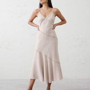 linen blend fray edges midi dress
