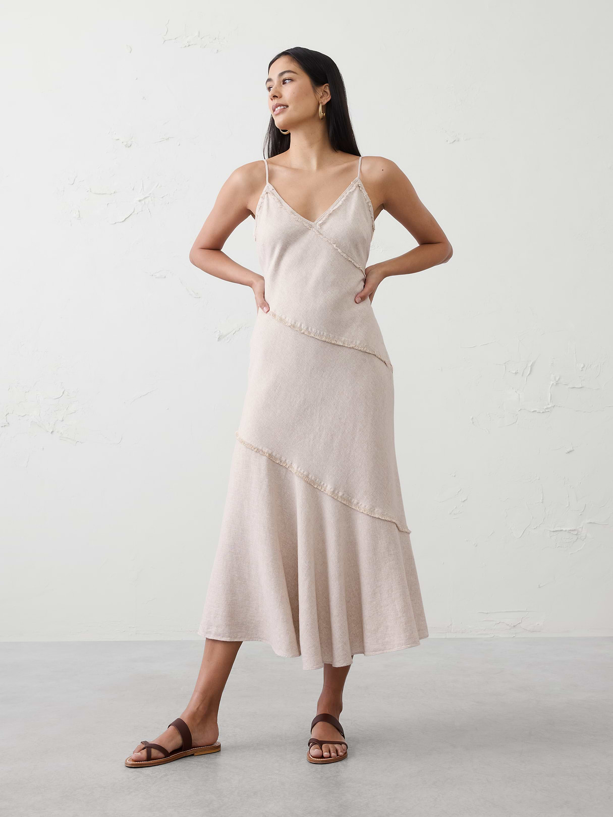 linen blend fray edges midi dress linen blend fray edges midi dress