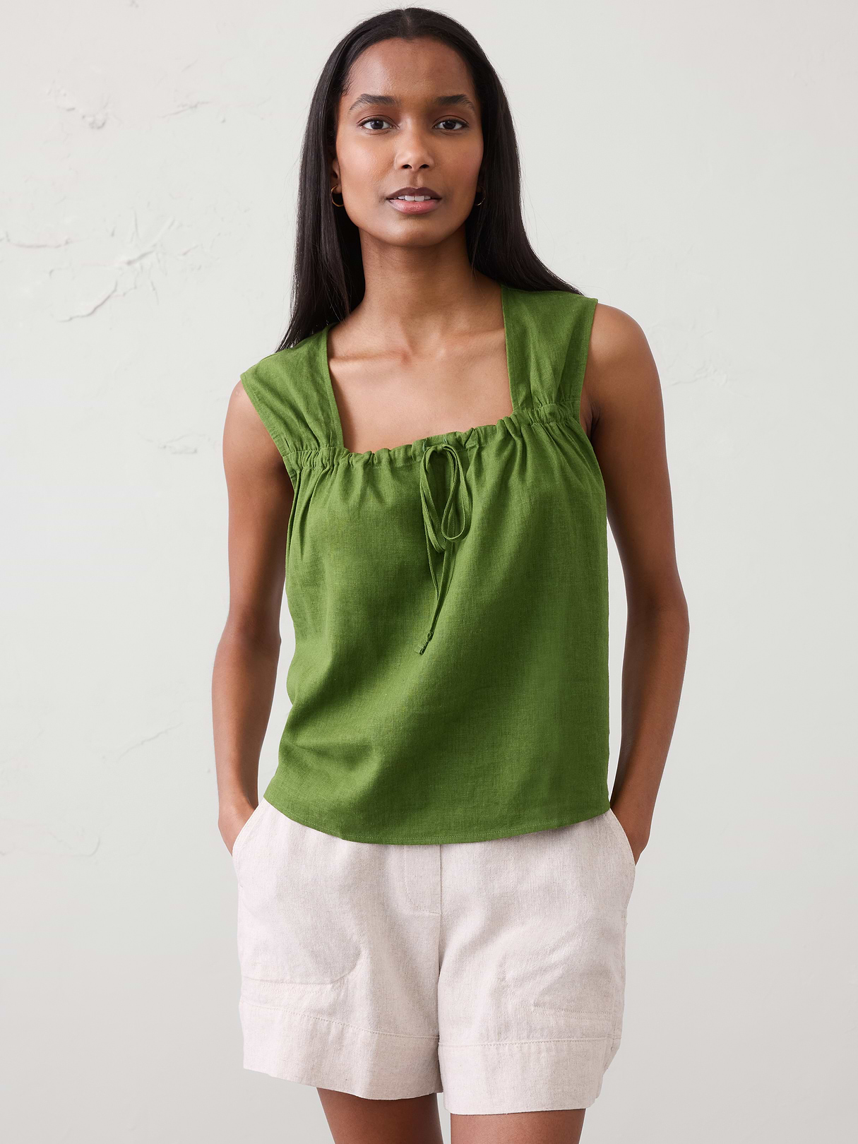linen blend tied popover top linen blend tied popover top