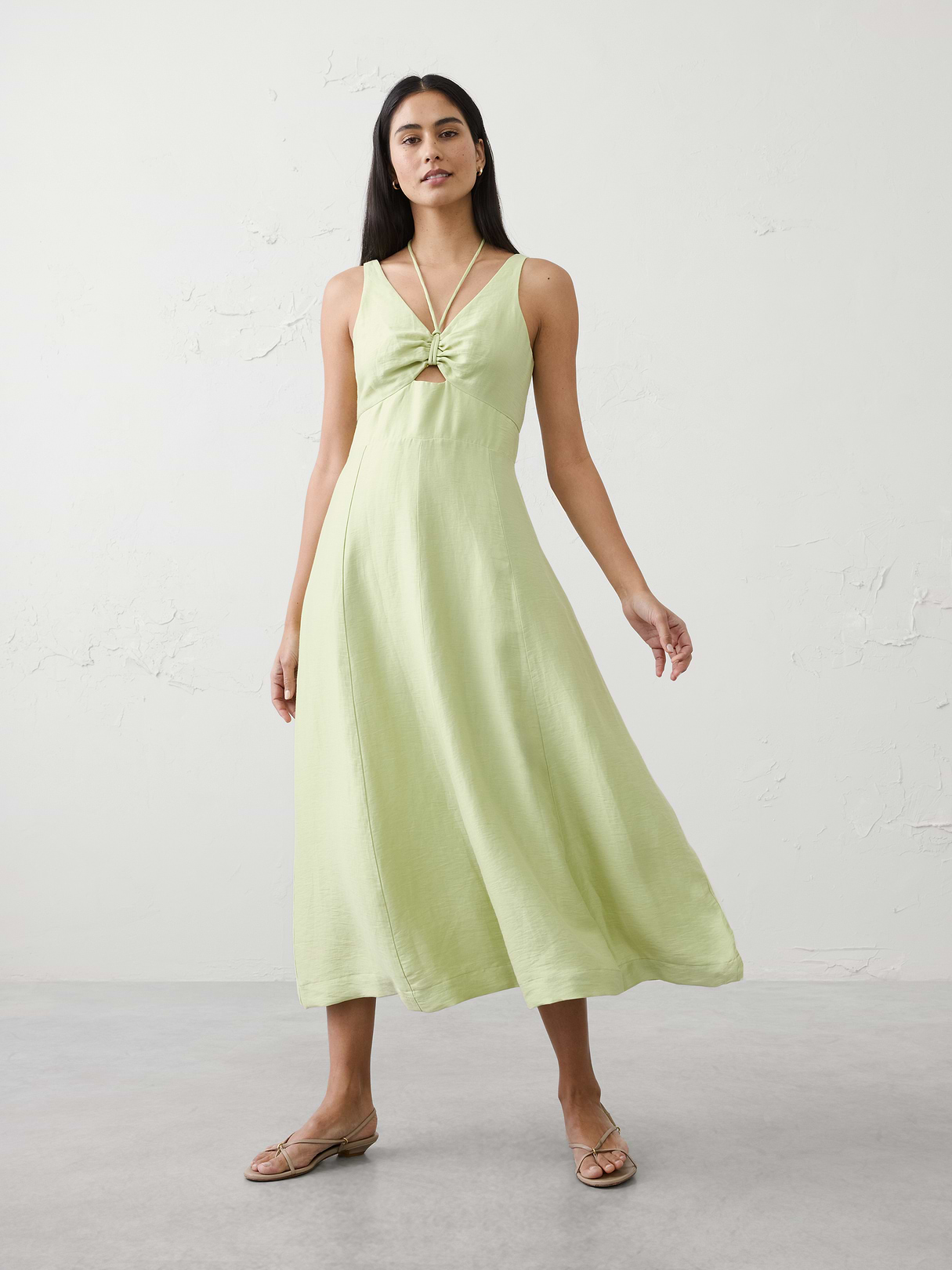 linen blend cutout tie front midi dress linen blend cutout tie front midi dress