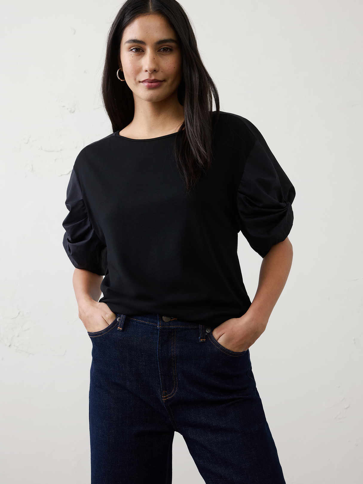 mixed media volume sleeve top mixed media volume sleeve top
