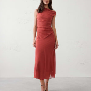 asymmetrical side ruched midi dress