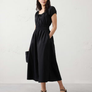 poplin gathered neck midi dress