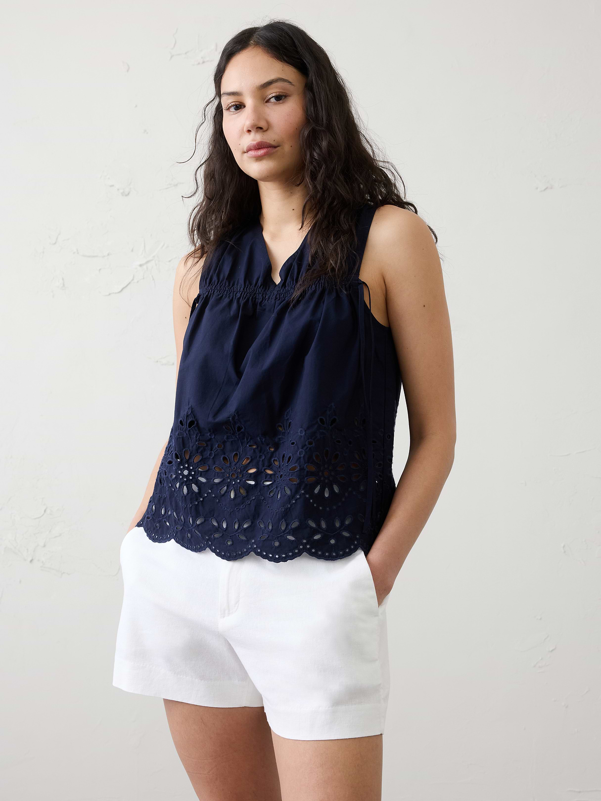 poplin cinched ties eyelet top poplin cinched ties eyelet top