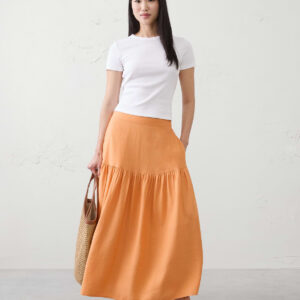 linen blend tiered midi skirt