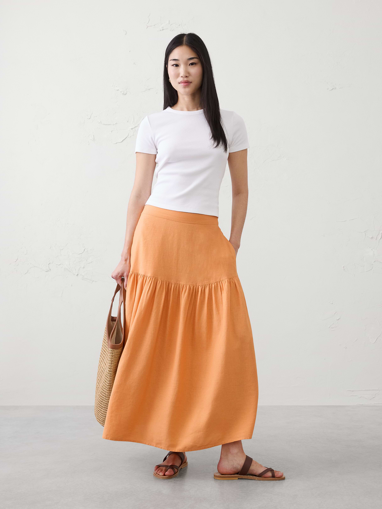 linen blend tiered midi skirt linen blend tiered midi skirt