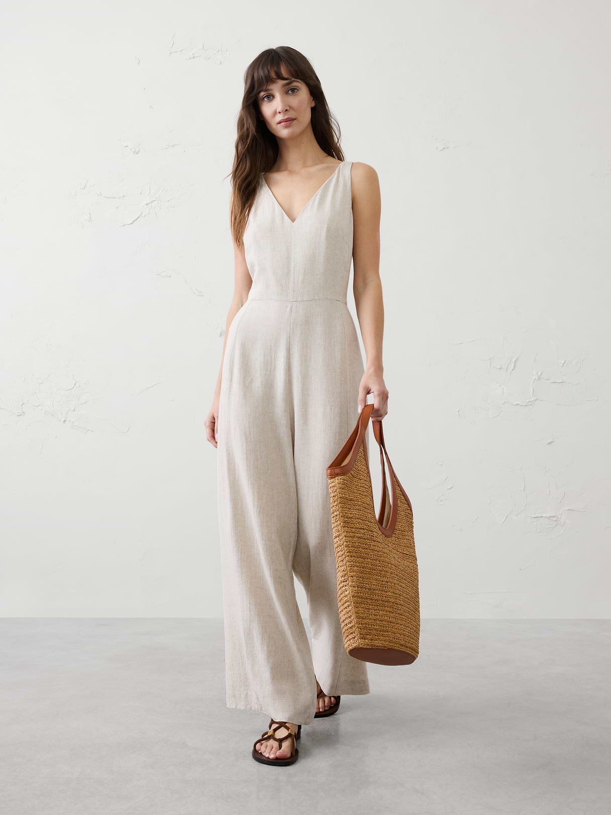 linen blend v neck jumpsuit linen blend v neck jumpsuit