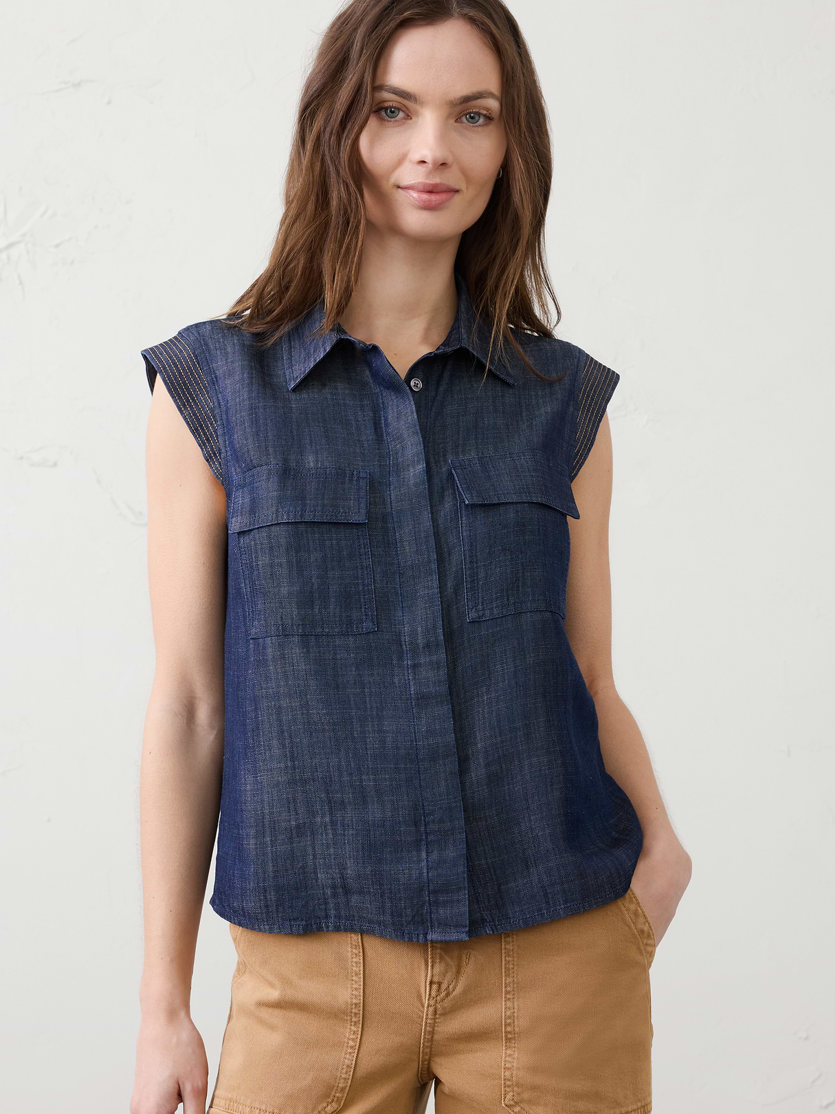 denim trapunto cap sleeve shirt denim trapunto cap sleeve shirt
