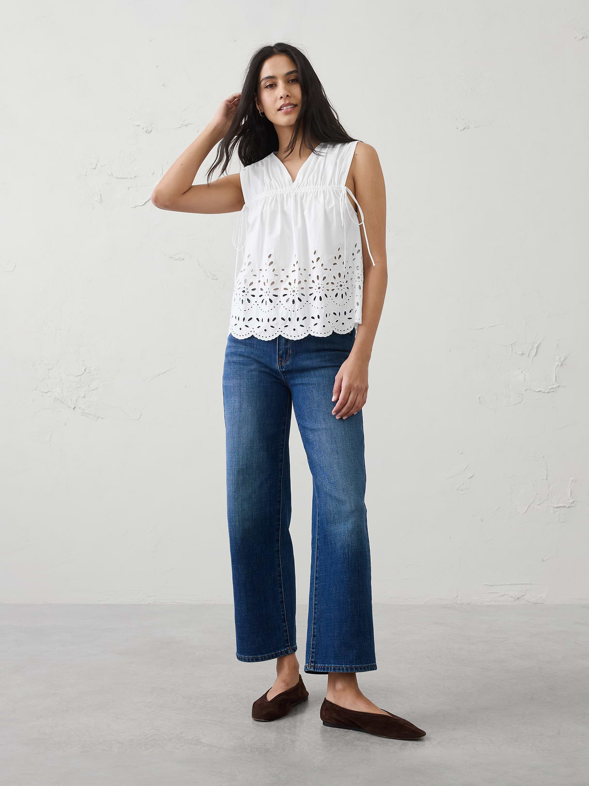 poplin cinched ties eyelet top poplin cinched ties eyelet top
