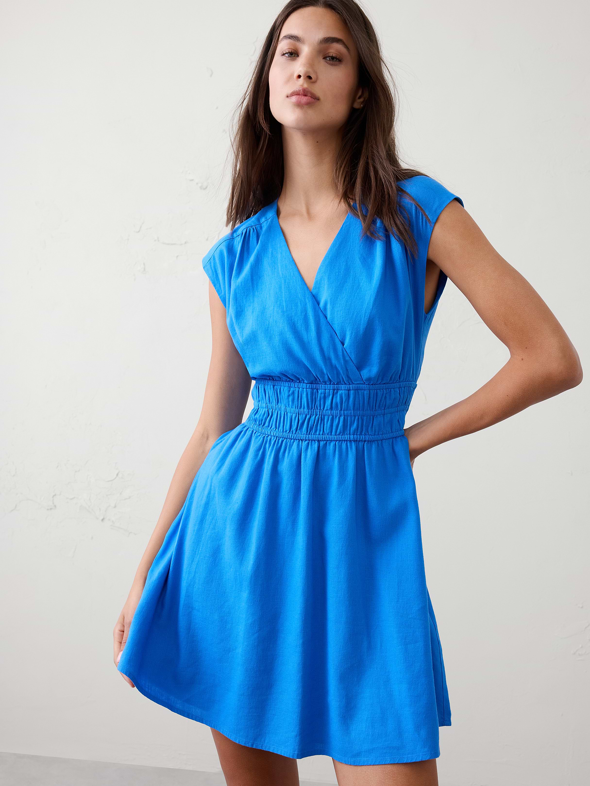 linen blend smocked waist mini dress linen blend smocked waist mini dress