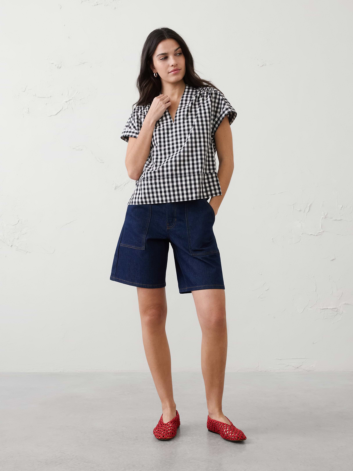 gingham split neck top gingham split neck top