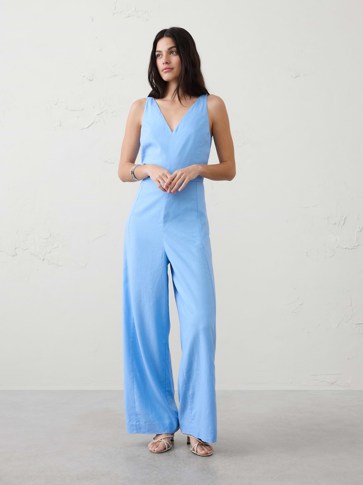 linen blend v neck jumpsuit linen blend v neck jumpsuit