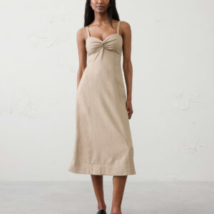 linen blend strappy twist front midi dress
