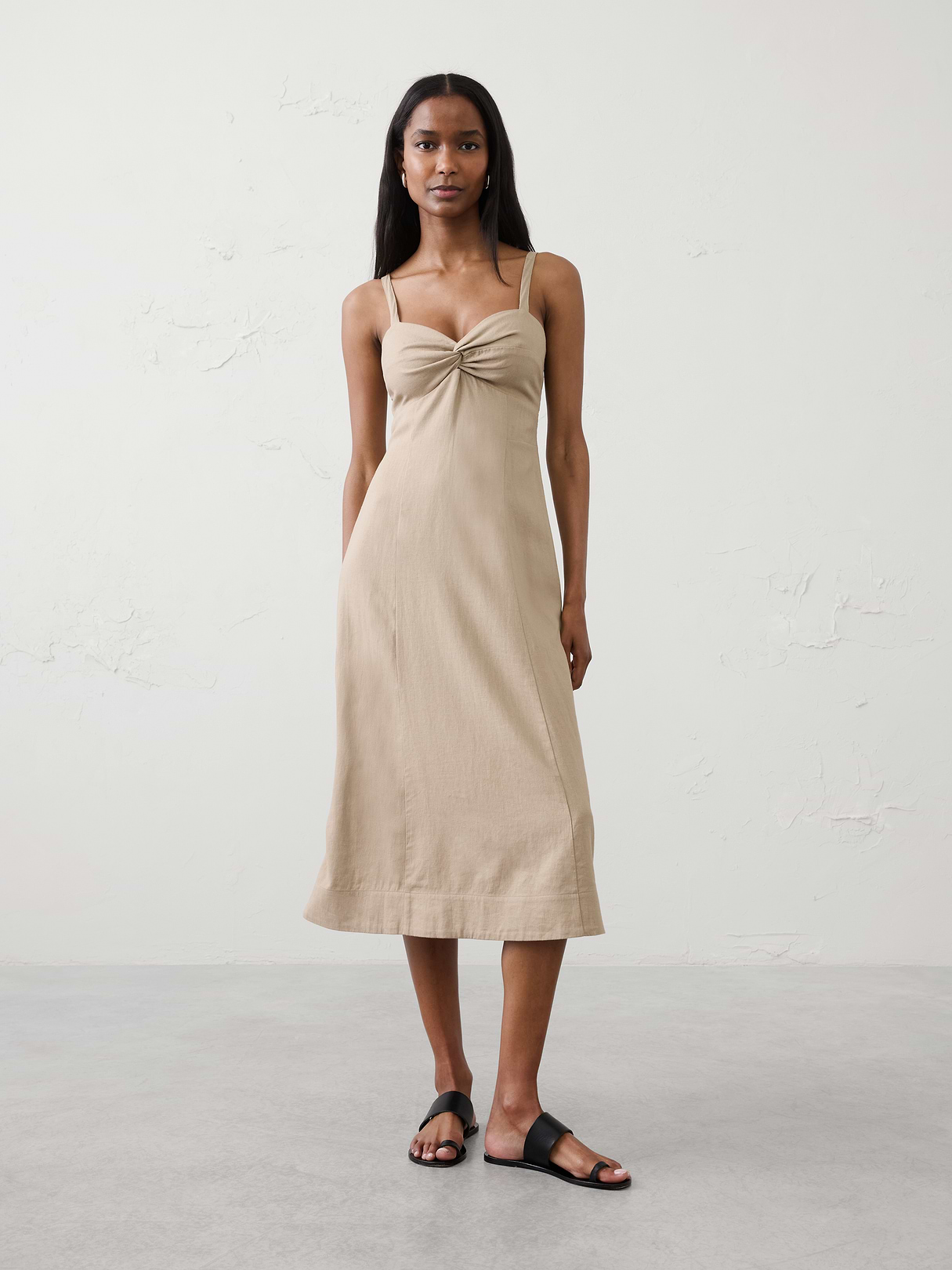 linen blend strappy twist front midi dress linen blend strappy twist front midi dress