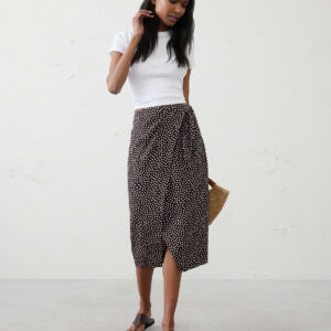 linen blend faux wrap midi skirt