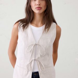 linen blend tie front vest