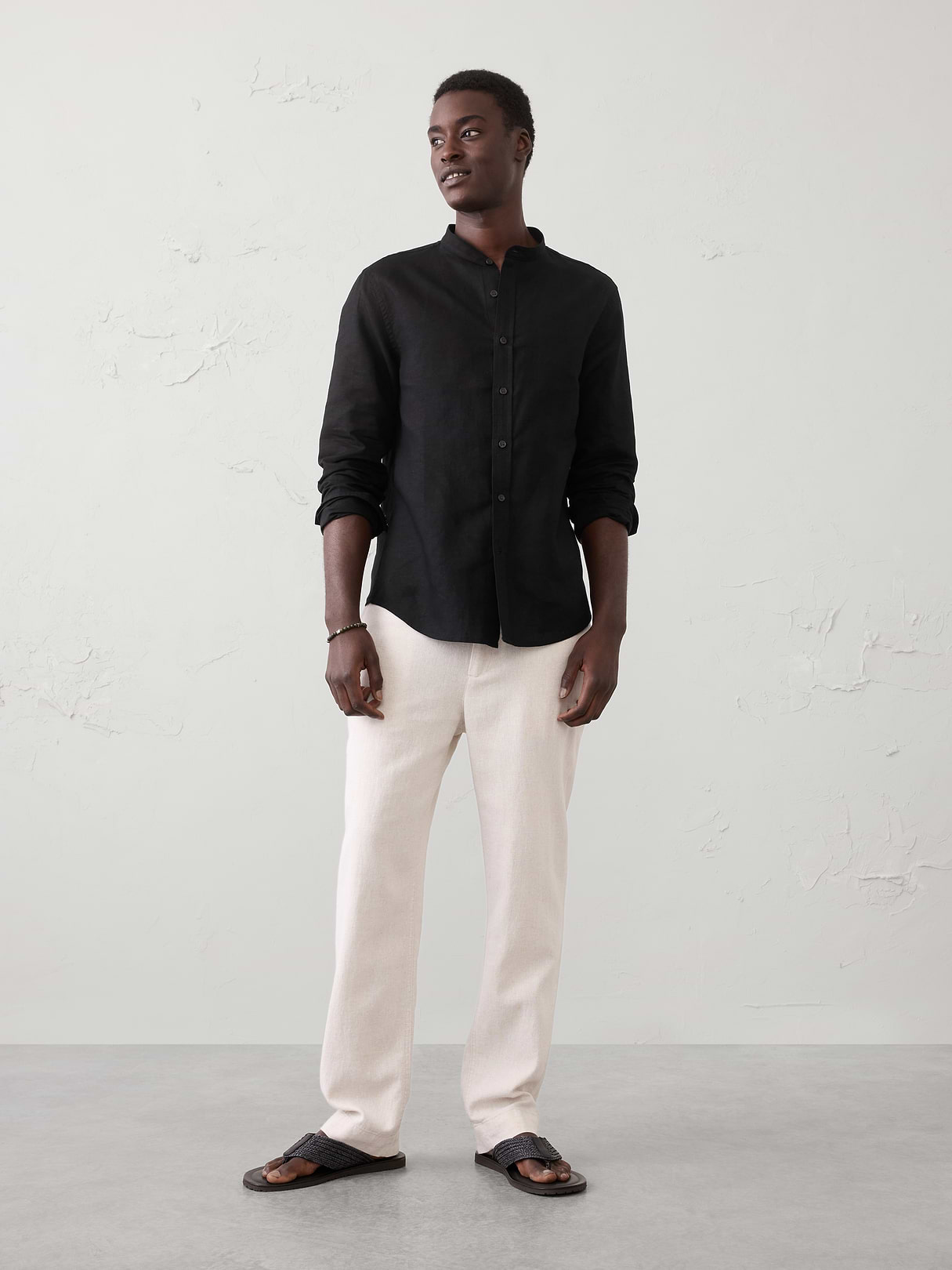 slim fit linen blend banded collar shirt slim fit linen blend banded collar shirt