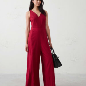 linen blend v neck jumpsuit