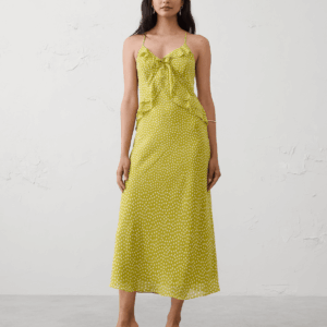 chiffon bias ruffle midi dress