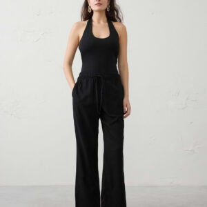 straight leg mid rise linen blend pant