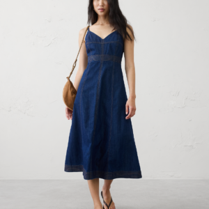 denim contrast stitch midi dress