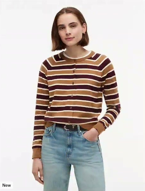 slim fit striped crewneck cardigan