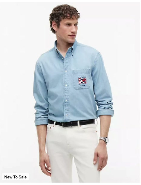 relaxed fit wavy flag logo denim shirt