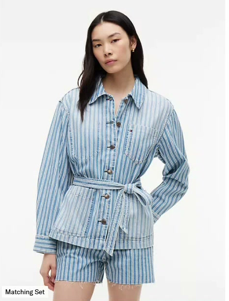 railroad stripe belted denim jacket