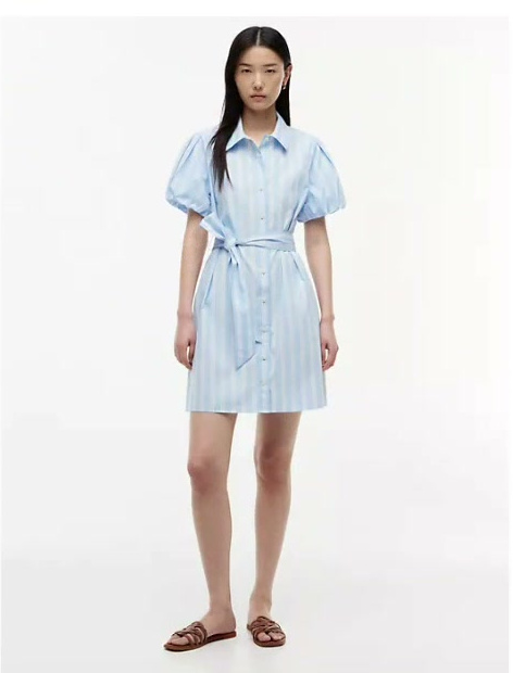 striped puff sleeve poplin shirtdress