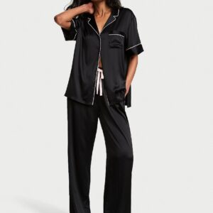 Home signature satin short sleeve long pajama set