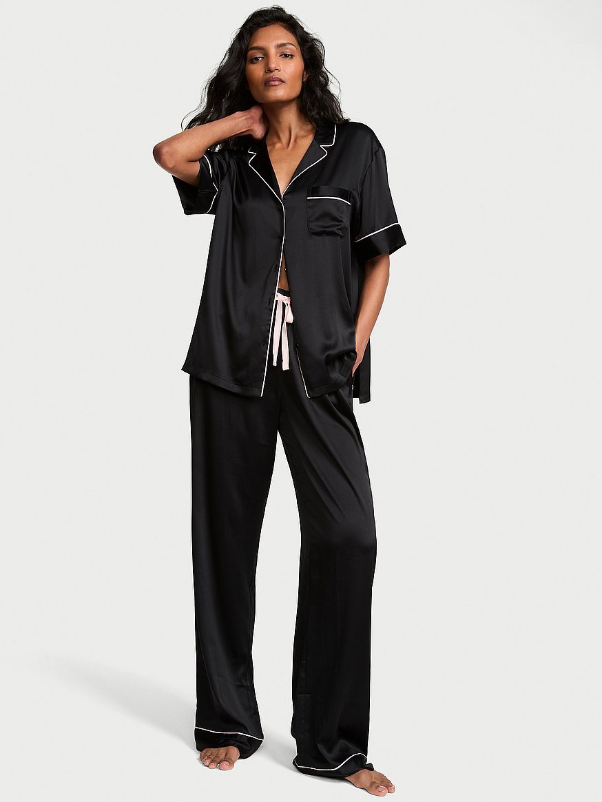 signature satin short sleeve long pajama set signature satin short sleeve long pajama set