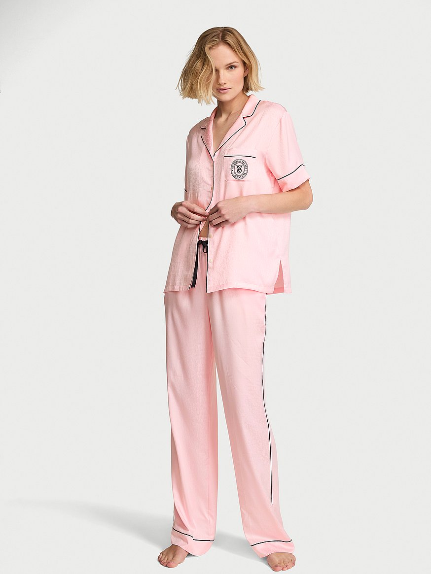 signature satin short sleeve long pajama set signature satin short sleeve long pajama set