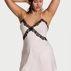 Home satin rose lace trim mini slip dress