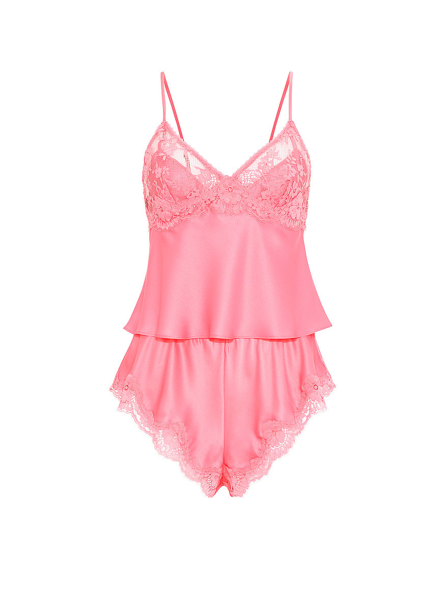 satin lace trim cami & flutter shorts set satin lace trim cami & flutter shorts set