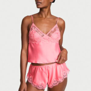 Home satin lace trim cami & flutter shorts set