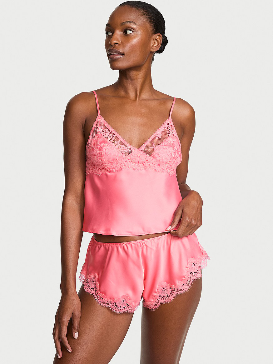satin lace trim cami & flutter shorts set satin lace trim cami & flutter shorts set