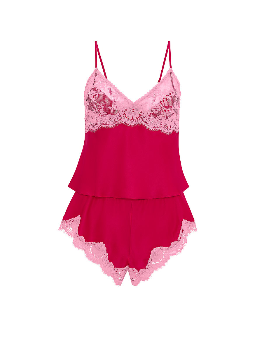 satin lace trim cami & flutter shorts set satin lace trim cami & flutter shorts set