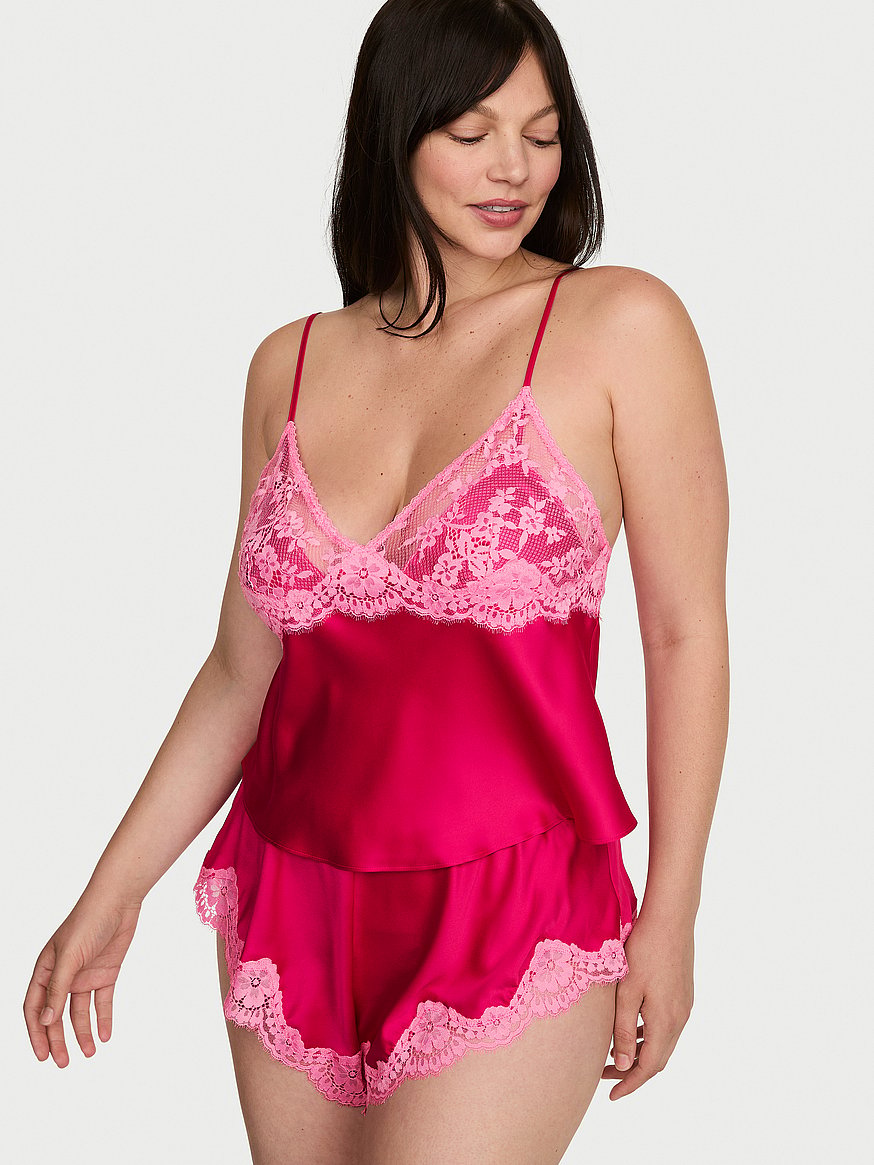 satin lace trim cami & flutter shorts set satin lace trim cami & flutter shorts set