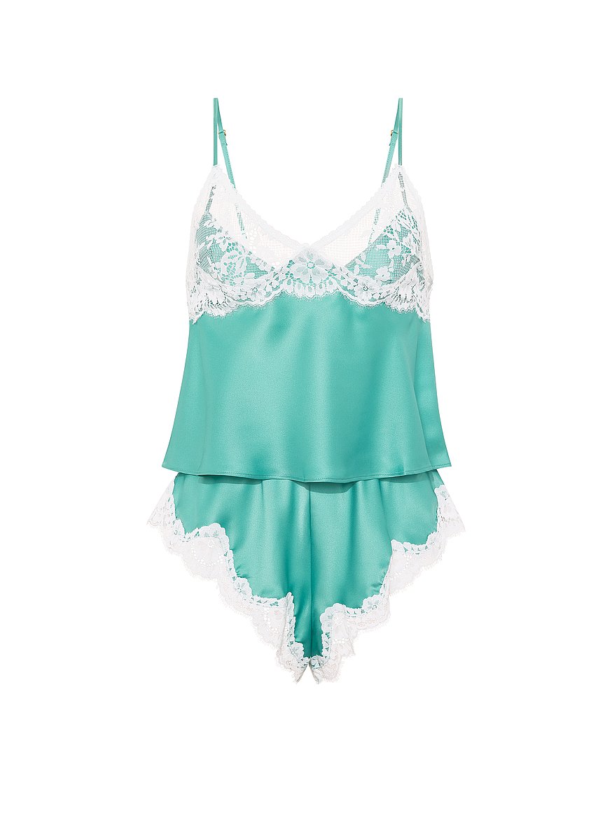 satin lace trim cami & flutter shorts set satin lace trim cami & flutter shorts set