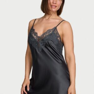 Home satin lace trim short slip dress