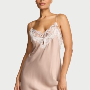 Home satin lace trim short slip dress