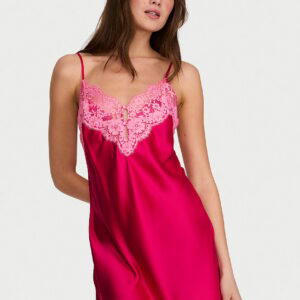 Home satin lace trim short slip dress