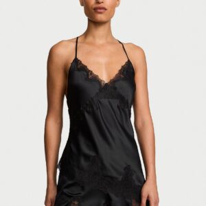 Home satin rose lace trim asymmetric cami top