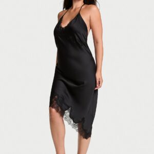 Home satin rose lace trim asymmetric slip dress