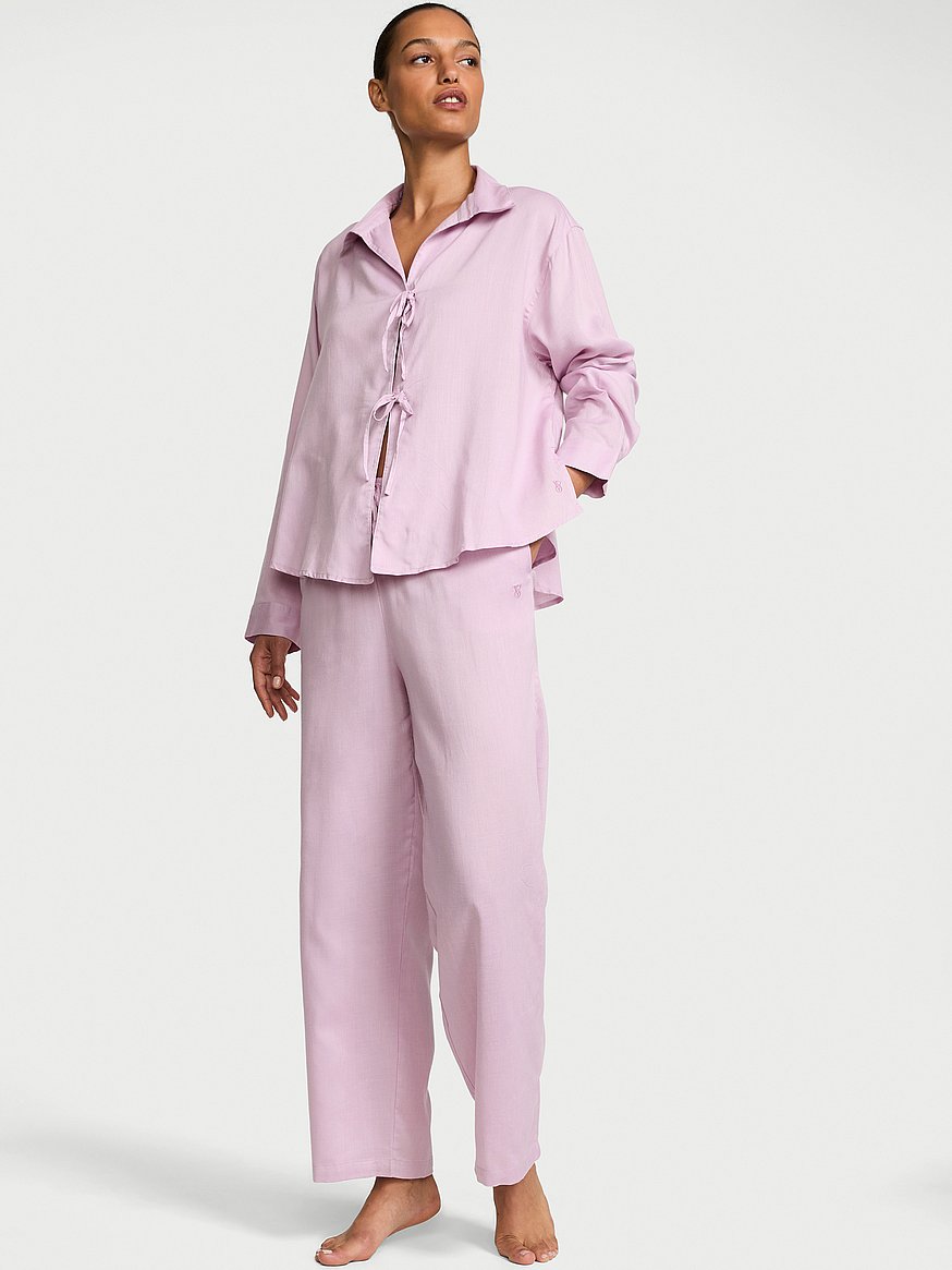 modal cotton tie front long pajama set modal cotton tie front long pajama set