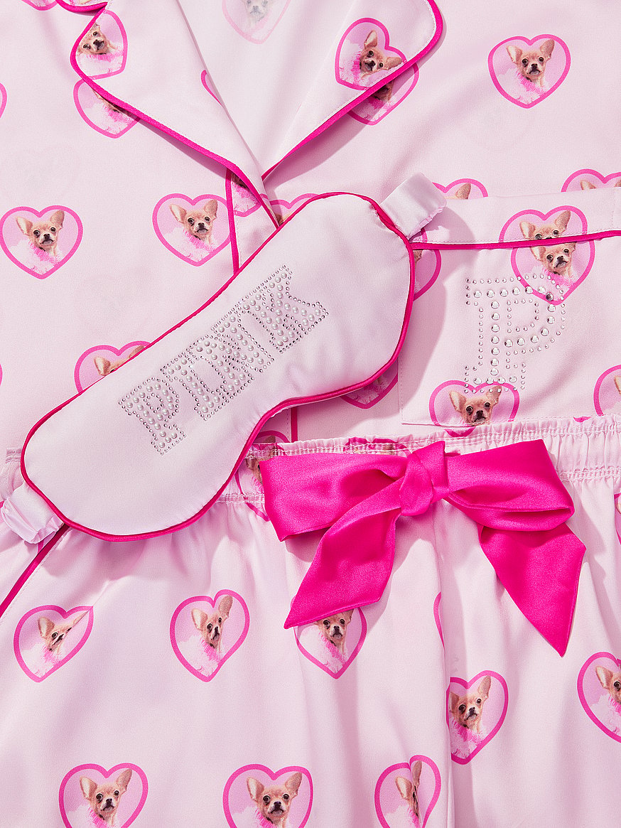 pink | elle 3 piece satin eye mask & short pajama set pink | elle 3 piece satin eye mask & short pajama set