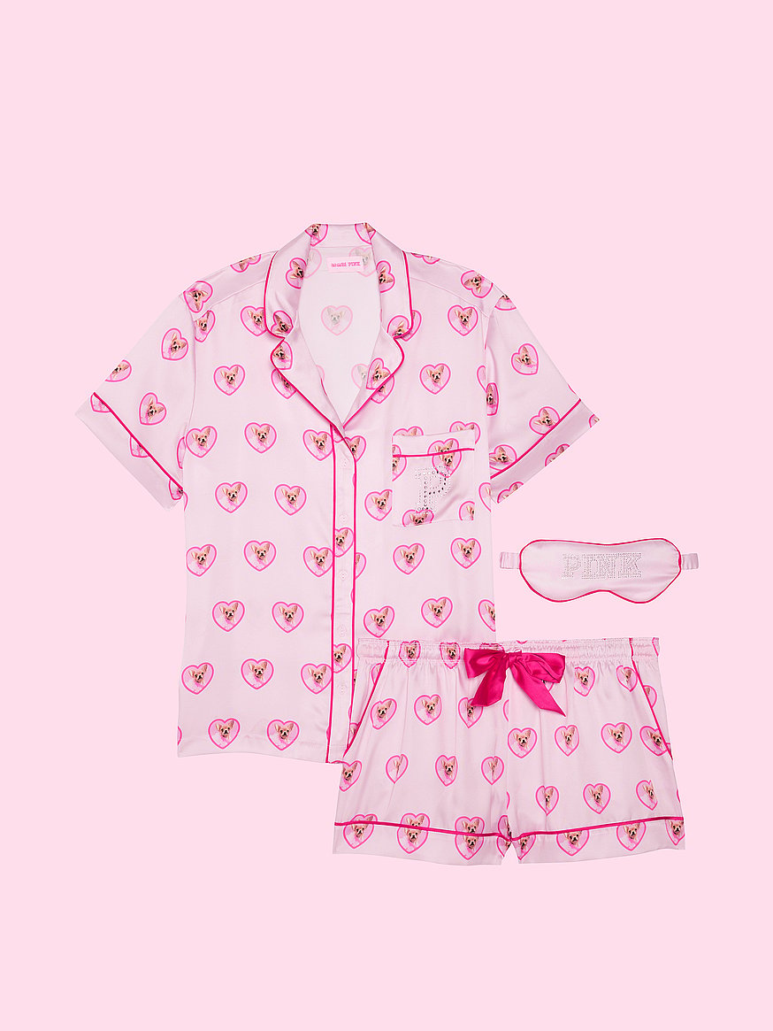 pink | elle 3 piece satin eye mask & short pajama set pink | elle 3 piece satin eye mask & short pajama set