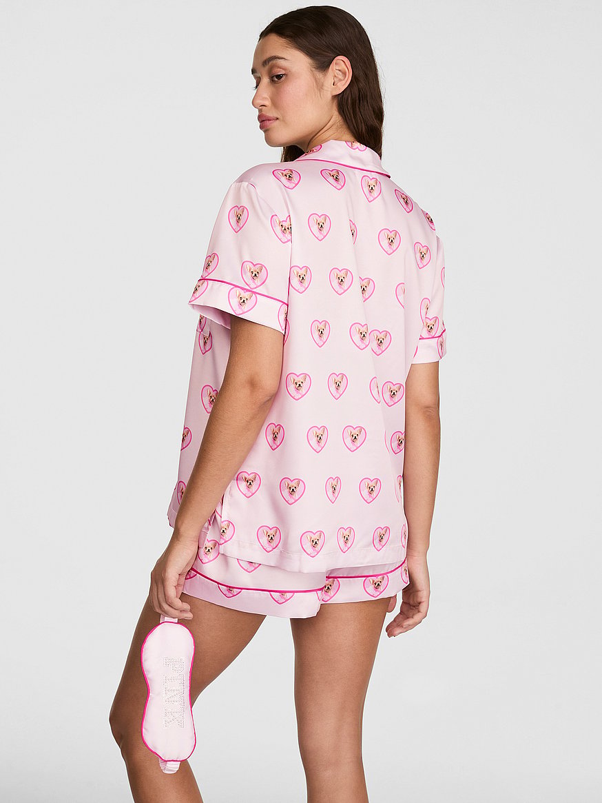 pink | elle 3 piece satin eye mask & short pajama set pink | elle 3 piece satin eye mask & short pajama set