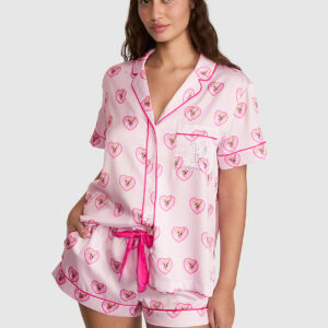 Home pink | elle 3 piece satin eye mask & short pajama set
