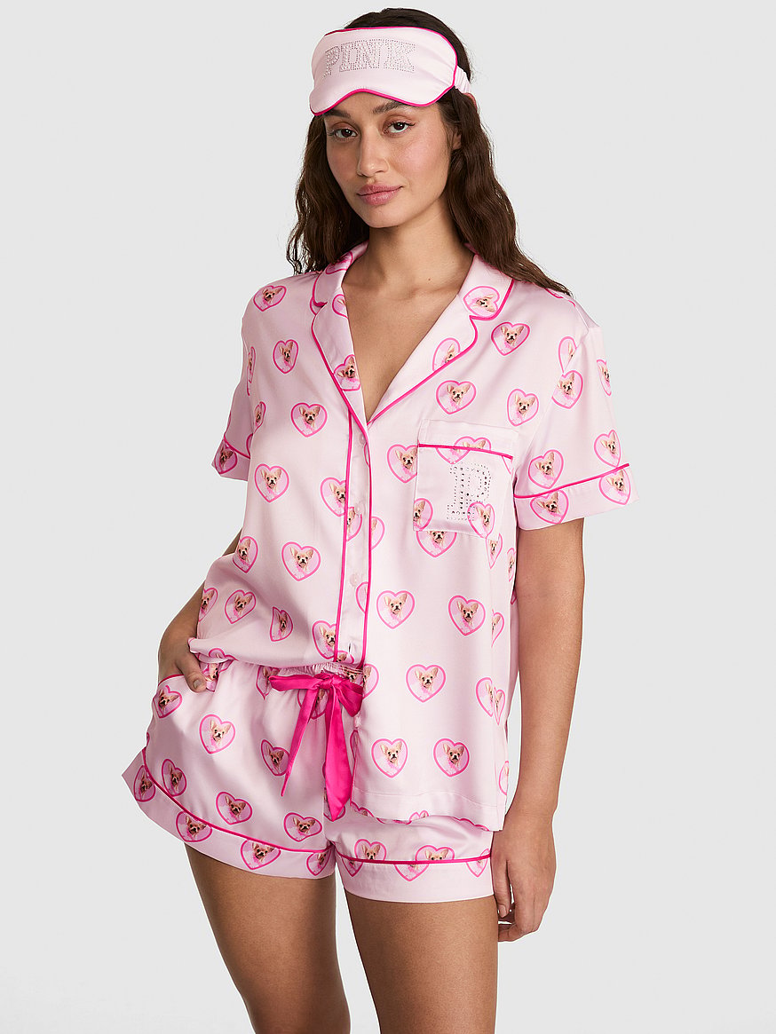 pink | elle 3 piece satin eye mask & short pajama set pink | elle 3 piece satin eye mask & short pajama set